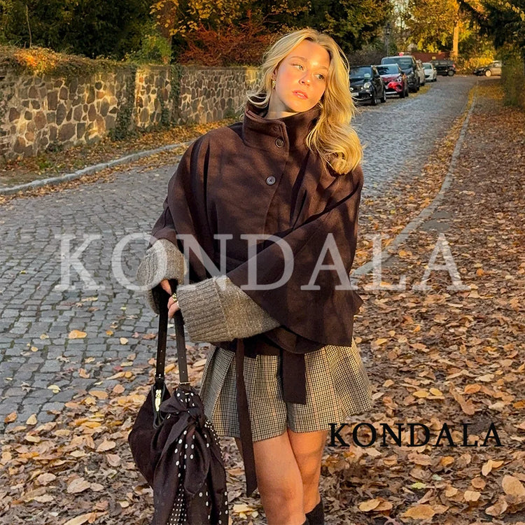 KONDALA Women Fall Casual Elegant Cloak Jacket Stand-Collar Soft Tweed Belt Jacket New 2026 Autumn Winter Trendy Cape Style Coat
