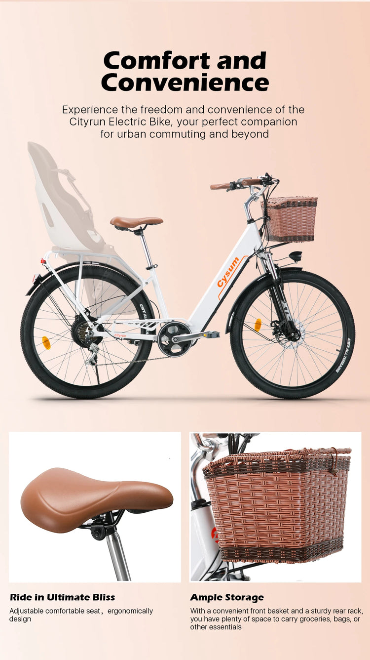 Bicicletta Elettrica Cityrun per Adulti, 26 Pollici, Unisex, Motore 250W, Batteria 36V/10Ah, Velocità Massima 25 km/h, Pedalata Assistita, Autonomia 70-90 km.