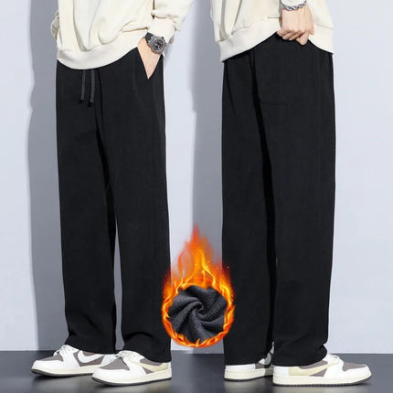 Coffee Khaki Black Gray Loose Casual Pants Men Winter Fleece Thermal Fashion Trousers Thick Velvet Straight Wide Leg Sweatpants