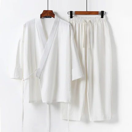2025 Men's Summer Cotton Linen Two Pieces Chinese Style Lace Up Kimono Tops+Pants Casual Suit Male Vintage Hanfu Tang Suit M-9XL PlatiNum