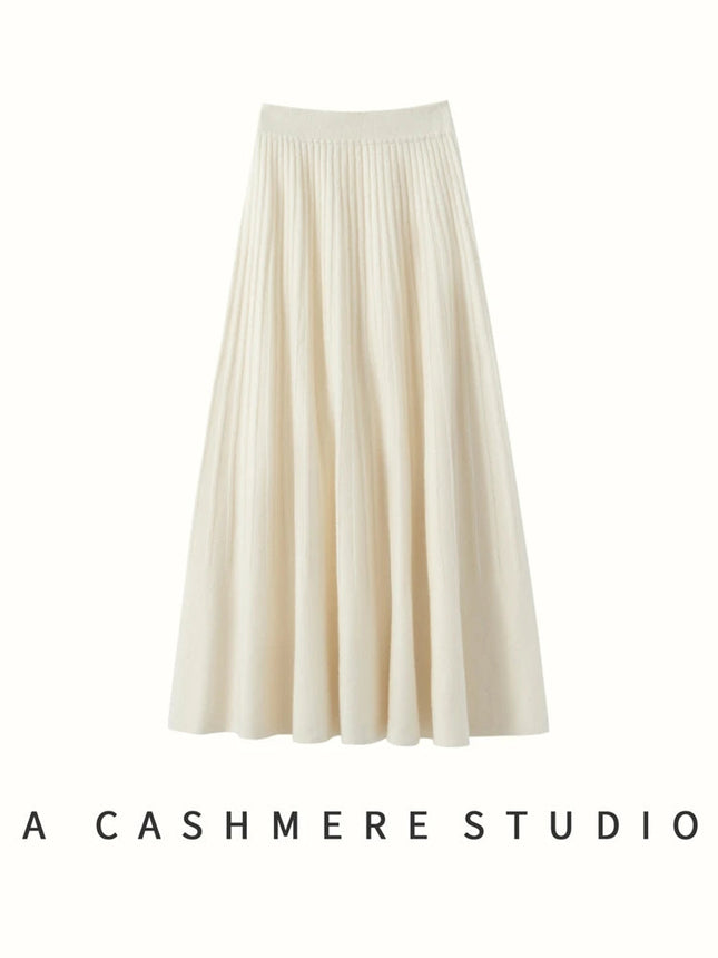New Arrivals Women Cashmere A-line Skirt Elastic Waist Pleated Skirt 100% Cashmere Knitted Autumn Winter Thin Office Lady Dress PlatiNum