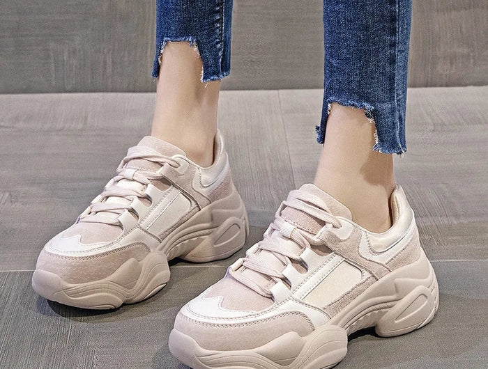 WOIZGIC Women's Female Ladies Genuine Leather Shoes Platform Lace Up Korean Sports Spring Autumn Breathable Vulcanized Shoes PlatiNum