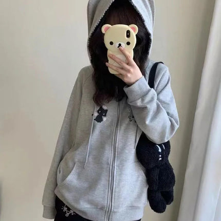 Ropa Mujer Japanese Cute Hoodies Coats Cute Cat Print Hooded Sweatshirts Y2K Tops Women Clothing Casual Zipper Loose Hoodie