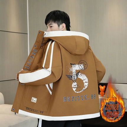 Fashion Autumn Winter Men's Hooded Fleece Jackets Youth High Streetwear Casual Plush Liner Coats Windproof Padded Tops Clothing