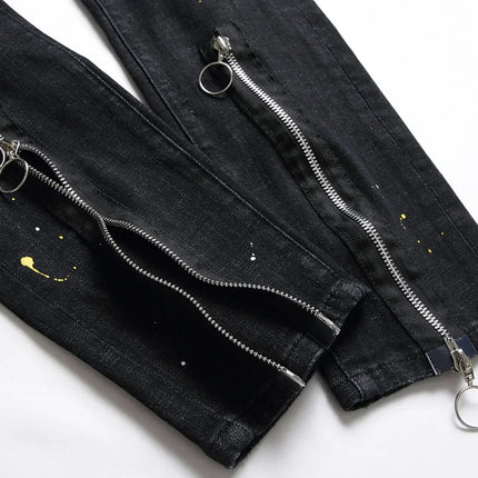 New Fashion Men Black Ripped Denim Jeans talian High Street Style Denim Pants High Quality Male Slim Fit Denim Trousers Size 38 PlatiNum