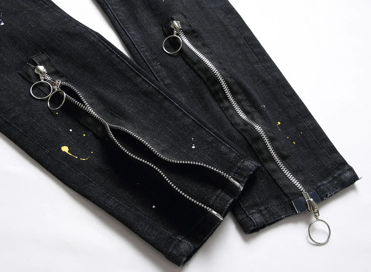 New Fashion Men Black Ripped Denim Jeans talian High Street Style Denim Pants High Quality Male Slim Fit Denim Trousers Size 38 PlatiNum
