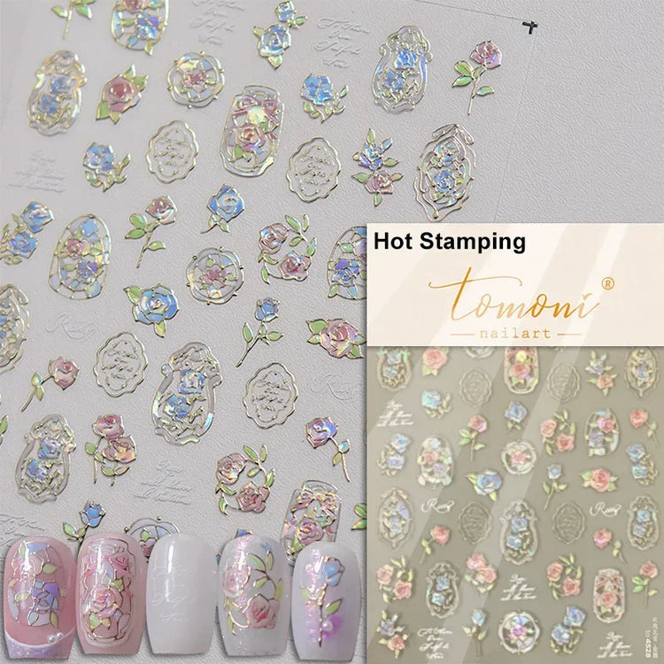5D Kawaii Lily Nail Art Stickers 1pcs Japanese Pink White Flower With Diamond Self Adhesive Nail Decorations Slider Decals DIY