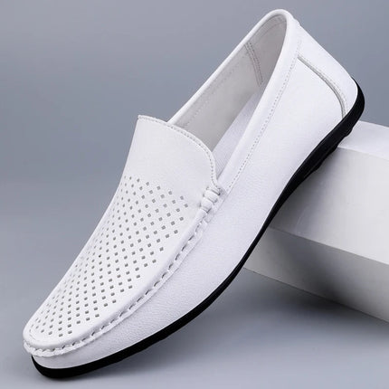 Mocassini da Uomo in Pelle Traforata Estivi Traspiranti Slip-On Taglie Grandi 38-47 Neri Bianchi Scarpe da Guida