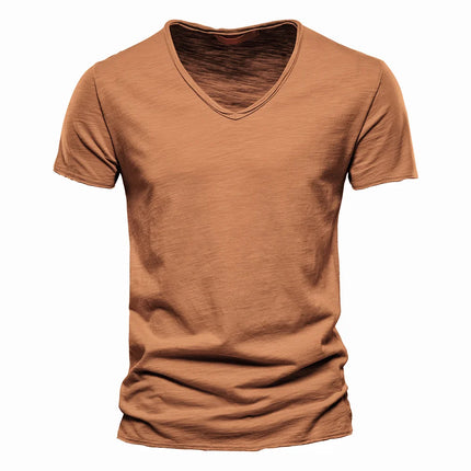 Men's 100% Cotton Branded Quality T-shirt V-Neck Fashion Design Slim Fit Solid Men's T-shirt Top Tees Short Sleeve T-shirt for Men