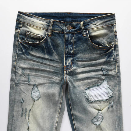 Men Pale Light Blue Biker Jeans Cracked Pleated Patch Patchwork Stretch Denim Pants Streetwear Holes Ripped Skinny Trousers PlatiNum