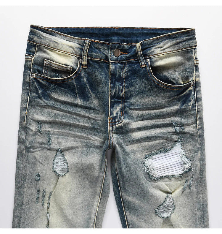 Men Pale Light Blue Biker Jeans Cracked Pleated Patch Patchwork Stretch Denim Pants Streetwear Holes Ripped Skinny Trousers PlatiNum