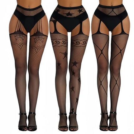 Calze a rete sexy da donna da 3 pezzi Collant con reggicalze alti fino alla coscia con reggicalze Design con motivo scavato per uso occasionale