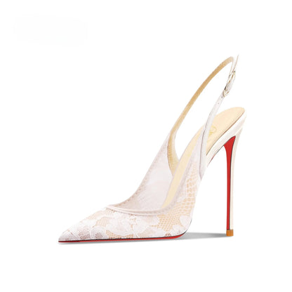 New white lace high-heeled sandals with pointed toes, thin heels, and shallow mouth, comfortable to wear with just one foot