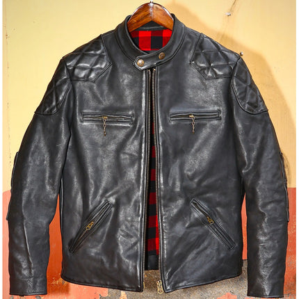 Genuine Leather Jacket Men Black Biker Coat Warm Windproof Snap Collar Zip Pockets Vintage Motorcycle Jacket Autumn Winter