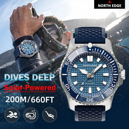 NORTH EDGE NEW Design ABYSS Solar Powered Dive Quartz Wristwatch 200M Waterproof Sports Diving Watch 316L Soft Strap Men Watches