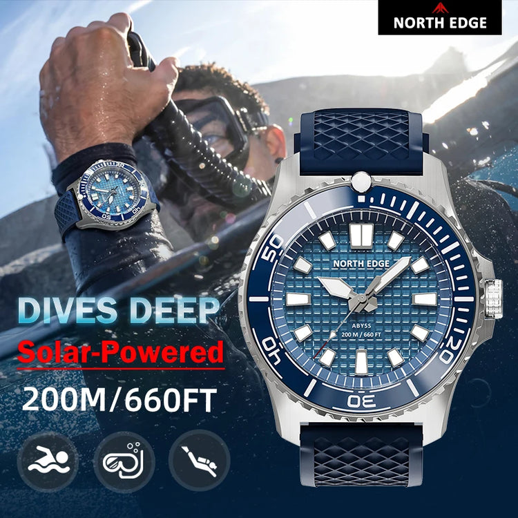NORTH EDGE NEW Design ABYSS Solar Powered Dive Quartz Wristwatch 200M Waterproof Sports Diving Watch 316L Soft Strap Men Watches