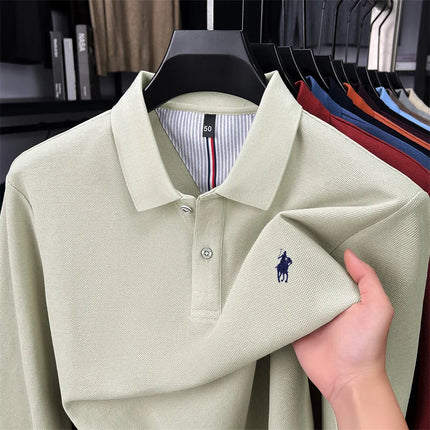 High-end branded long-sleeved polo shirt, 100% cotton, new business men's leisure lapel t-shirt, luxury comfort with Paul pony embroidery
