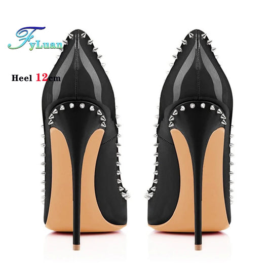 Women 12CM Stiletto Fashion Rivet High Heels Black Red Shallow Mouth Single Shoes Club Party Female Pointy Pumps Plus Size 34-45