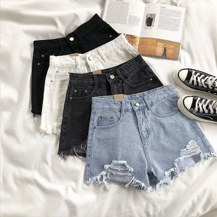 Pantaloncini di jeans coreani Donna Moda estiva Casual Jeans strappati a vita alta Tasca nappa Y2K Pantaloni caldi Streetwear Pantaloni blu - platinumshop