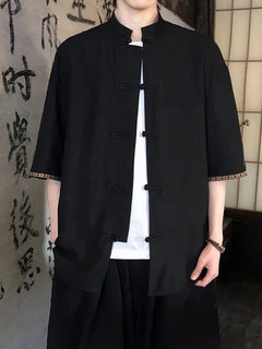 Camicie retrò da uomo, estive, eleganti, larghe, casual, leggere, sottili, traspiranti, in stile cinese, vintage, con calligrafia tradizionale.