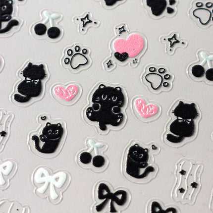 Cute Black Cat Nail Stickers Decals 5D Embossed Kawaii Cat Flowers Star Nail Art Decoration Cute Cartoon Sliders Summer Manicure