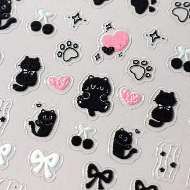 Cute Black Cat Nail Stickers Decals 5D Embossed Kawaii Cat Flowers Star Nail Art Decoration Cute Cartoon Sliders Summer Manicure