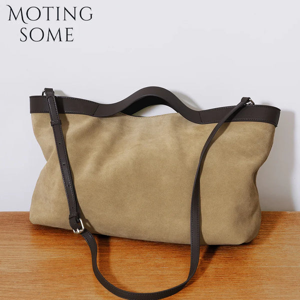 Motingsome Winter New Suede Big Tote Women Matte Cowhide Leather Handbag Oversized Shoulder Bowling Shopper Purse Luxury Design