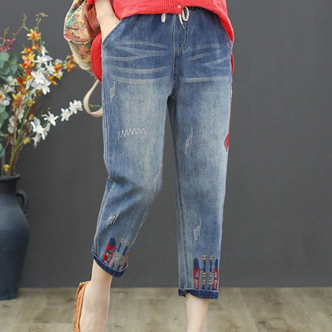 AmaxluluE Jeans larghi strappati da donna alla moda estiva Pantaloni in denim ricamati per il tempo libero da donna Pantaloni Harem elastici da donna vintage