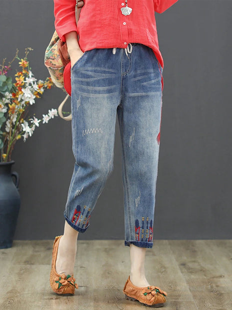 AmaxluluE Women's Summer Fashion Ripped Wide Leg Jeans Embroidered Leisure Denim Pants Women's Vintage Elastic Harem Pants