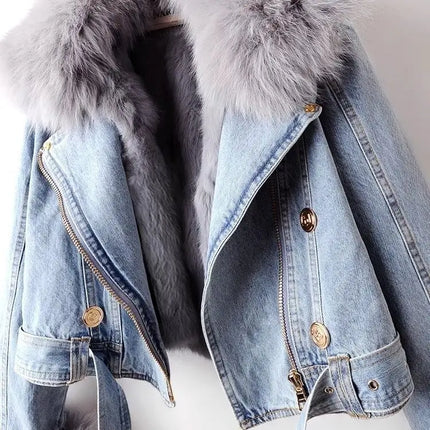 2026 New Women Faux Fox Fur Collar Jean Coat Winter Jacket Female Short Warm Parkas Rabbit Hair Lining Outwear Fashion Overcoat