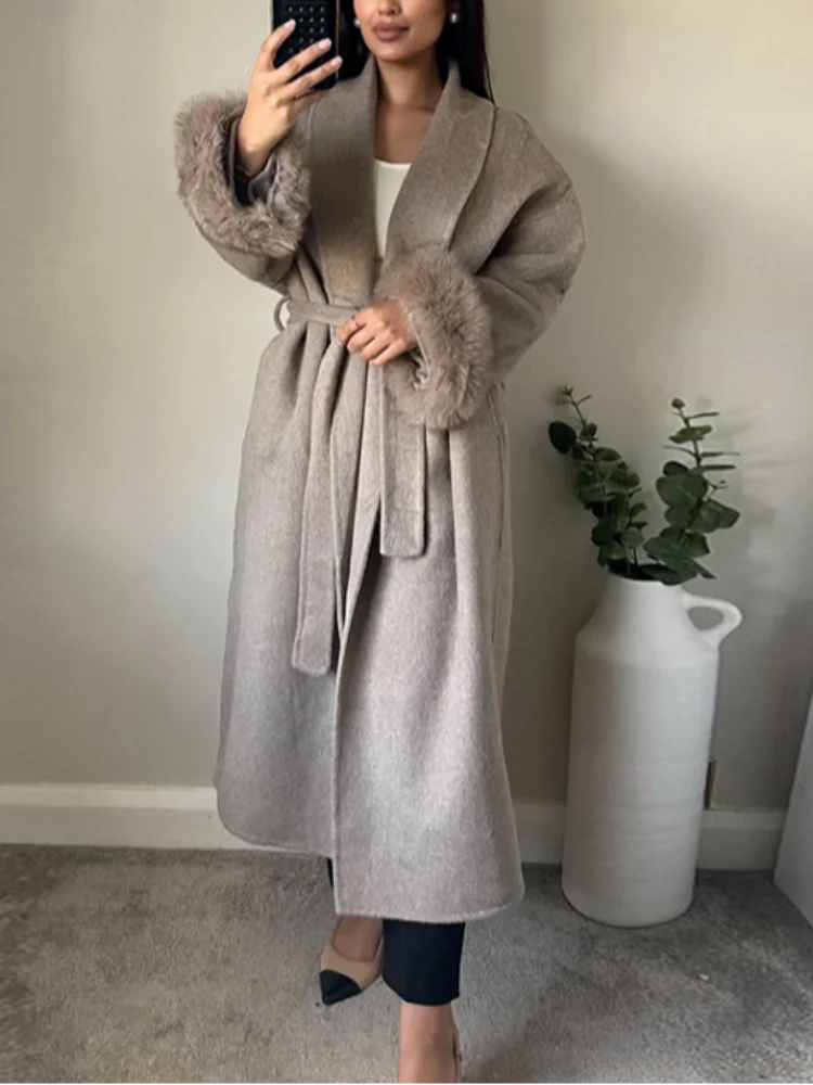 Elegant Lace Up Woolen Short Coat Solid Loose Lapel Furry Long Sleeve Belt Waist Jacket 2026 Spring Autumn Lady Chic Cardigan