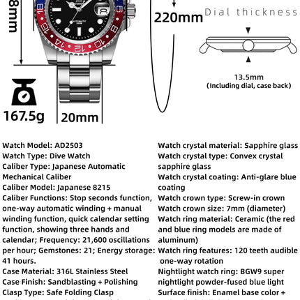 ADDIESDIVE 2025 New Men's Business Watch 200m Water Resistant 8215 Automatic Mechanical Watch Sapphire Crystal Luminous Watch