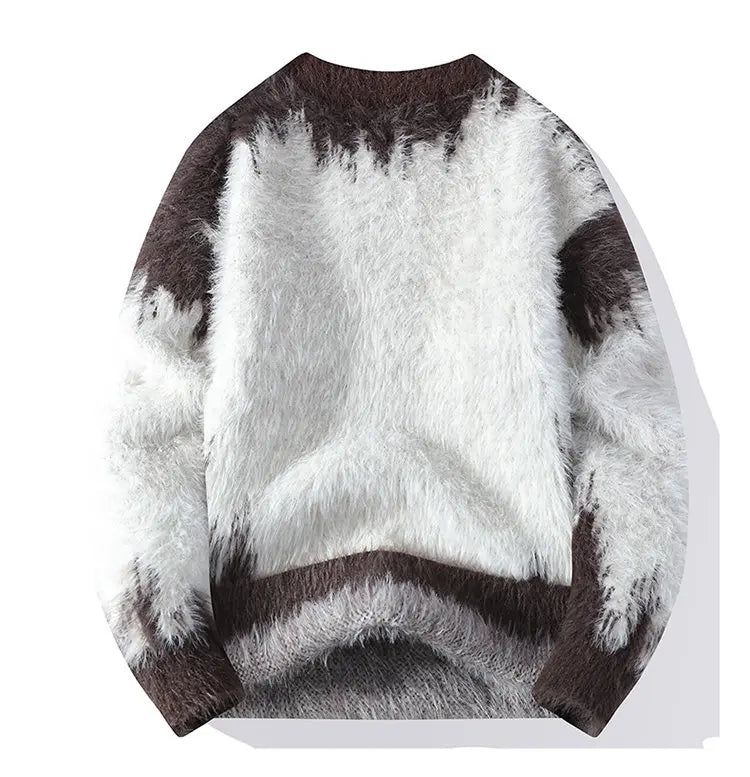 Autumn Winter Men's Casual Warm Fake mink fur Retro Knitted Sweater Round Neck Knitting Pullover Sweater