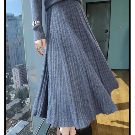 FRSEUCAG Autumn and winter women's warm half skirt 100% mink cashmere pleated skirt thick long skirt soft and loose fashionable PlatiNum