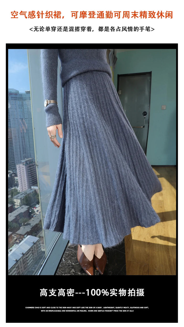 FRSEUCAG Autumn and winter women's warm half skirt 100% mink cashmere pleated skirt thick long skirt soft and loose fashionable PlatiNum