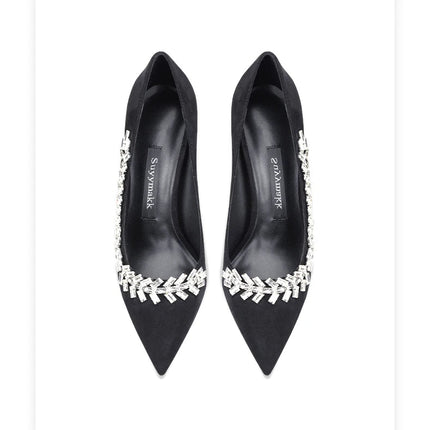 Scarpe da donna di lusso 2024 nuove pompe da donna in cristallo nero scamosciato scarpe a punta con strass tacchi alti moda Stiletto luxury Party Wo platinumshop