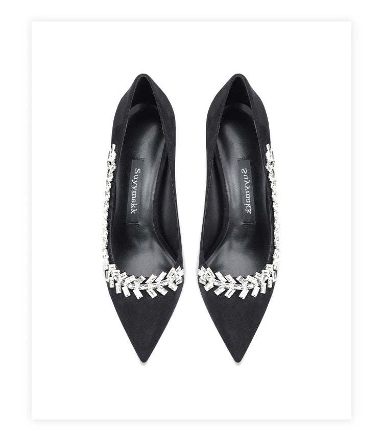 Scarpe da donna di lusso 2024 nuove pompe da donna in cristallo nero scamosciato scarpe a punta con strass tacchi alti moda Stiletto luxury Party Wo platinumshop