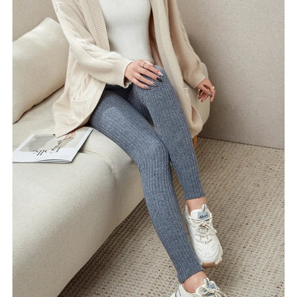 100% Merino Wool Striped Leggings Women's Winter Warm Knitted Tights Solid Color Women's Trousers PlatiNum