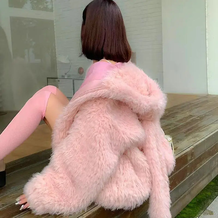 Cute rabbit ear lamb plush coat for women, 2024 autumn and winter new loose and thick hooded sweater, outerwear top