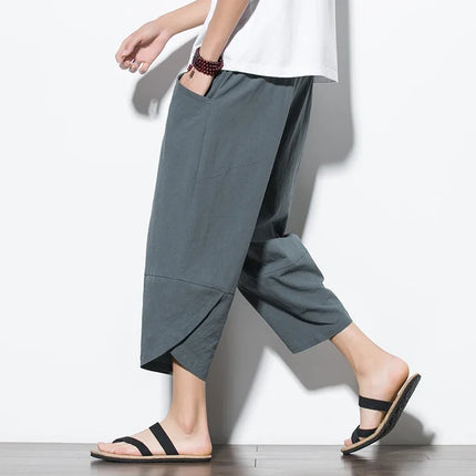 Pantaloni Estivi da Uomo 2026 Stile Cinese in Cotone e Lino, Pantaloni Harem Traspiranti da Spiaggia, Pantaloni Casual a Tre Quarti, Streetwear