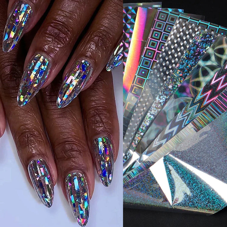 10pcs Holographic Chrome Silver Nail Art Foil Transfer Stickers Irridescent Rainbow Geometric Aurora Laser Nail Foils Decoration 2028