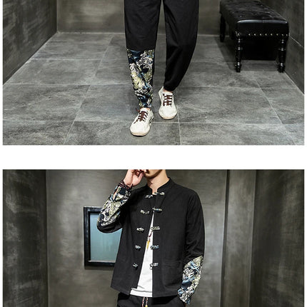 Completo Due Pezzi da Uomo, Nuovo Stile Primaverile in Lino, Comodo Completo Retrò Tang in Cotone Patchwork, Camicia Casual e Giacca Stampata Kung Fu