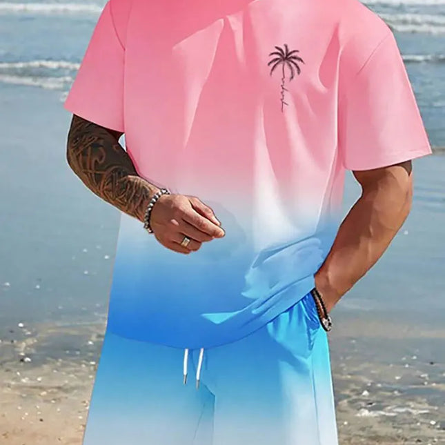 Ensemble short homme à manches courtes imprimé dégradé Ensemble mode homme hawaïen T-shirt décontracté homme été Short homme plage extérieur