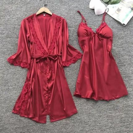 2PCS Women Lace Pajama Set Satin Home Pyjamas Lace Robe V-Neck Nightgown Bridal Silk Gown Women's Nightwear