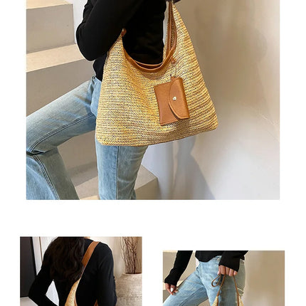 Hand-Woven Large Capacity Tote Bag for Women, Fashionable Commuter Bag, INS Style, Beach Bag for Daily Travel