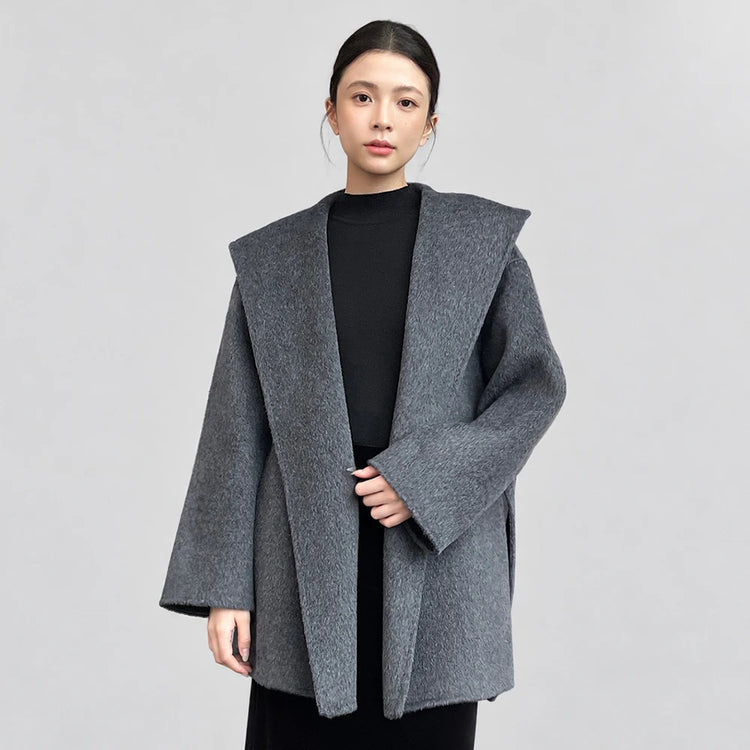 Brushed 100% Wool Coat Women Hooded Belted Wrap Coat Long-Pile Double-Faced Texture Unlined Relaxed Fit Short Coats Fall Winter