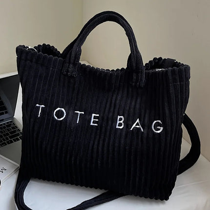 Large Capacity Striped Velvet Handbag Shoulder Bag for Woman Handbags Crossbody Bags, Versatile Letter Corduroy Women's Tote Bag PlatiNum