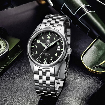 ADDIESDIVE Classic Men's watch Sapphire Automatic 8215 Stainless Steel Pilot watch Leather Luminous 200m Diving Dress Watch New