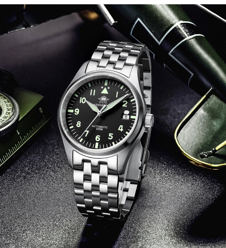 ADDIESDIVE Classic Men's watch Sapphire Automatic 8215 Stainless Steel Pilot watch Leather Luminous 200m Diving Dress Watch New
