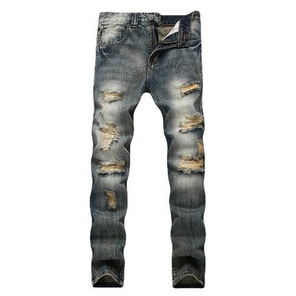 Casual Men's Light Blue Denim Jeans Ripped Straight Leg Slim Fit Non-Elastic Torn Casual Style Chinese Production PlatiNum